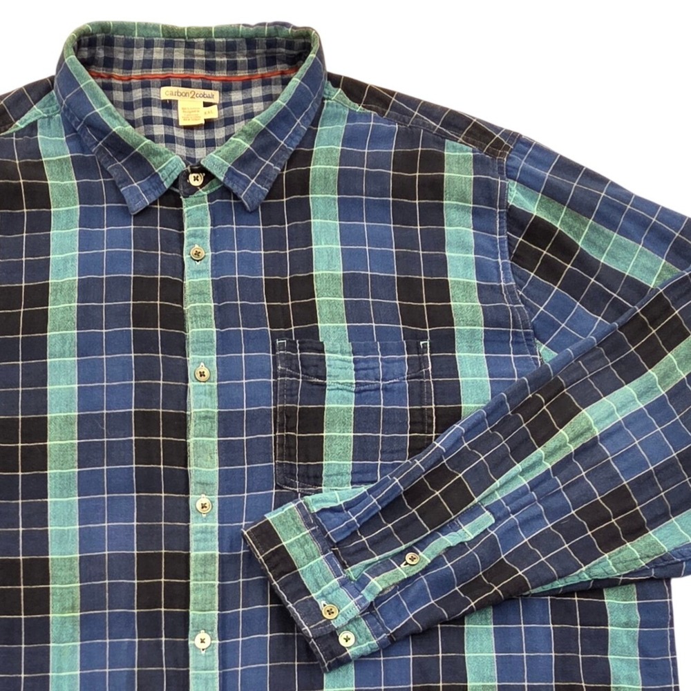 Carbon2Cobalt Blue Plaid Cotton Double Cloth Button Down Shirt 133073 Mens‎ XXL